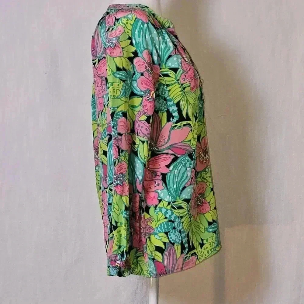 Lily Pulitzer 100% Silk Elsa Skip On It The  Frog-Floral Print Blouse SZ XS